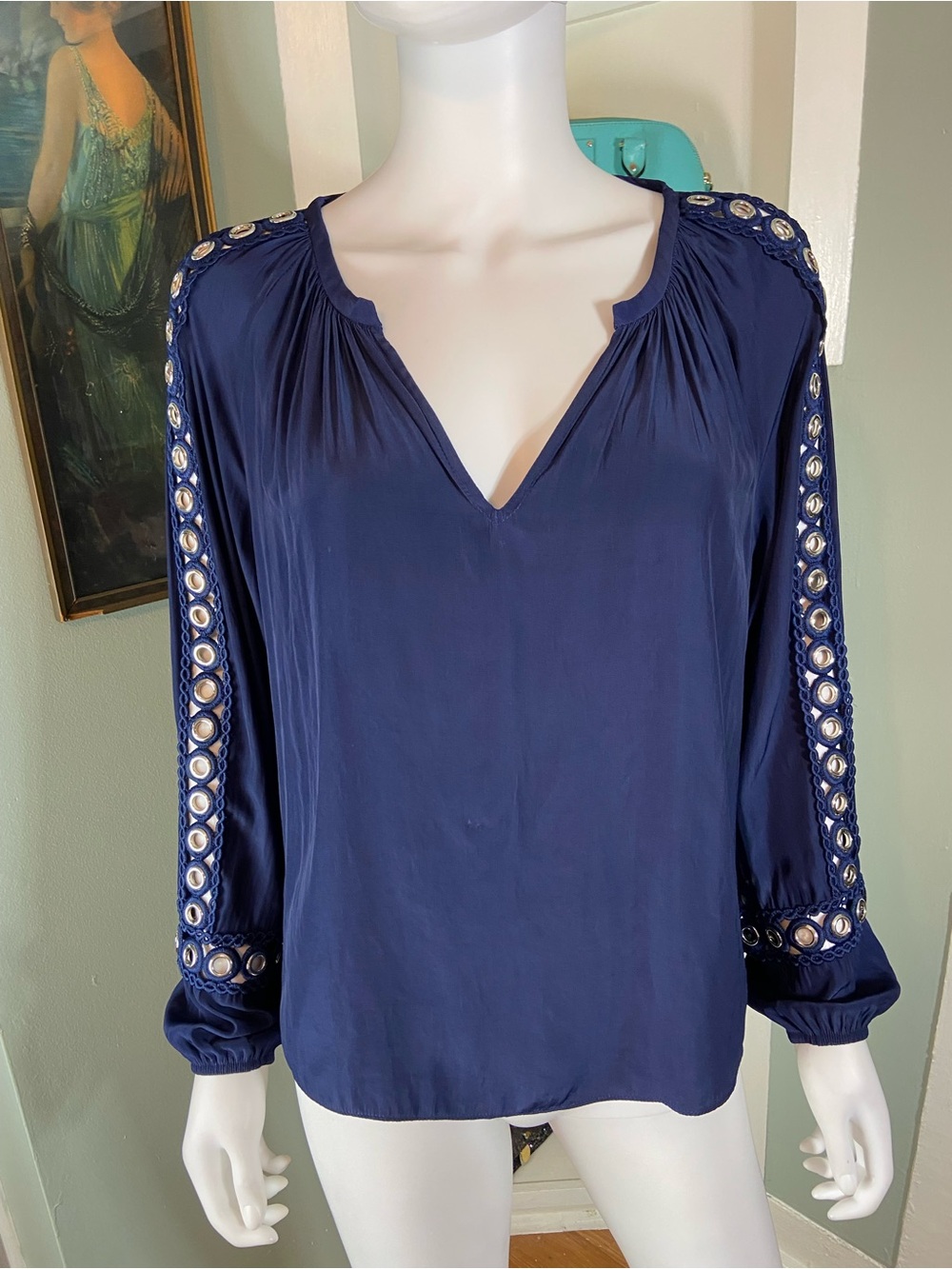 Ramy Brook Navy V-Neck Blouse Top Shirt Eyelet Rivet Sleeves Detail Small S [TE]